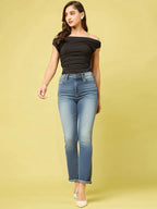 Istyle Can Black Women's Solid/Plain Asymmetric Hem Stretchable Draped Crop Top Istyle Can