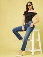 Istyle Can Black Women's Solid/Plain Asymmetric Hem Stretchable Draped Crop Top Istyle Can