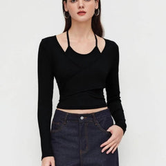 Istyle Can Black Women’s Halter Neckline Knotted Cross-Wrap Crop Top My Store