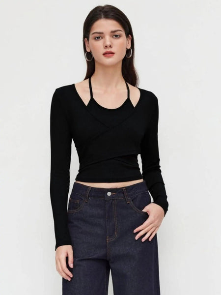 Istyle Can Black Women’s Halter Neckline Knotted Cross-Wrap Crop Top My Store