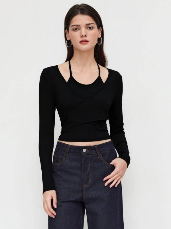 Istyle Can Black Women’s Halter Neckline Knotted Cross-Wrap Crop Top My Store