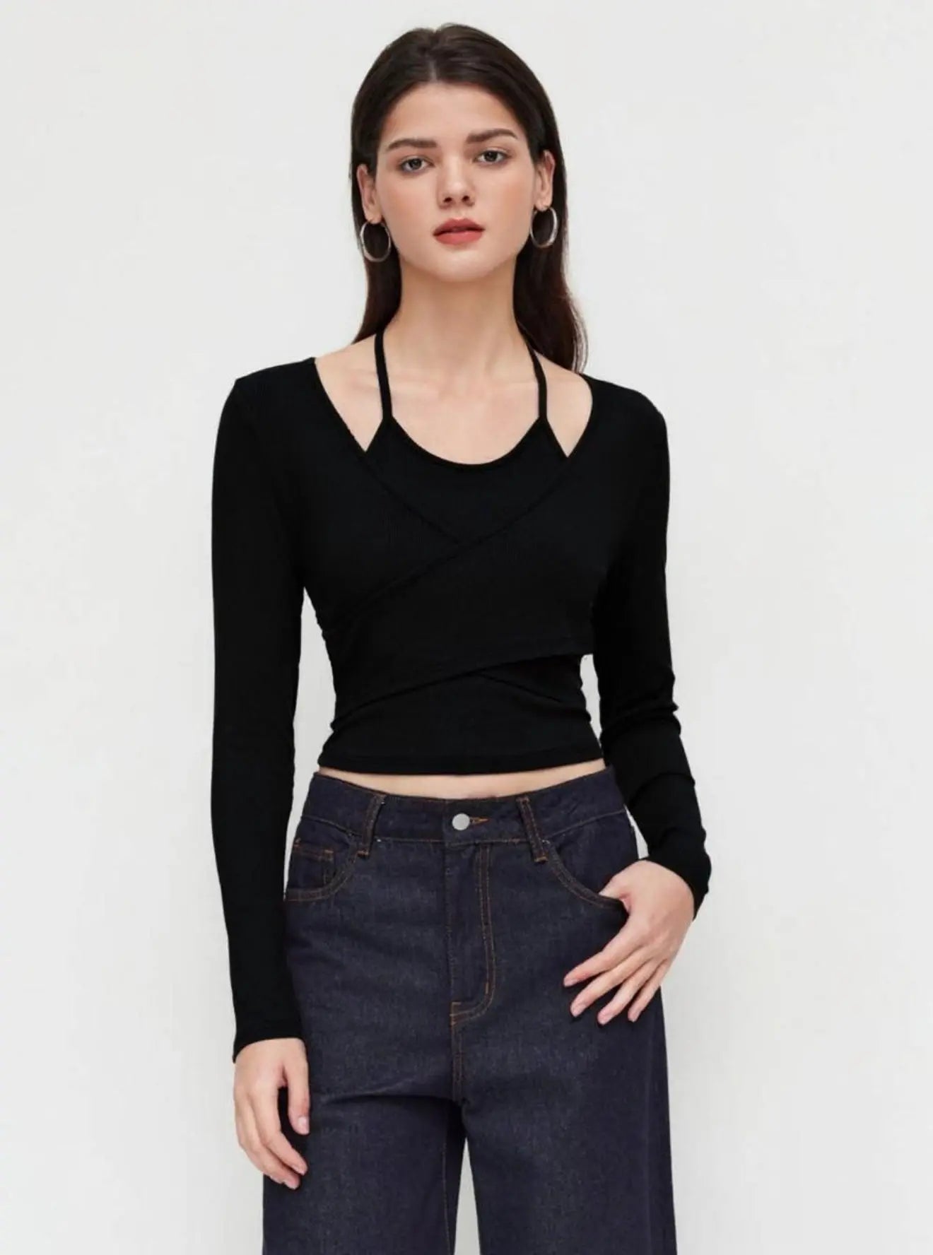 Istyle Can Black Women’s Halter Neckline Knotted Cross-Wrap Crop Top My Store