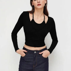 Istyle Can Black Women’s Halter Neckline Knotted Cross-Wrap Crop Top My Store