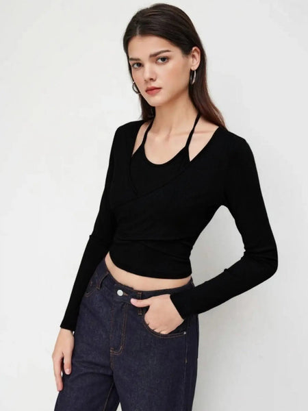 Istyle Can Black Women’s Halter Neckline Knotted Cross-Wrap Crop Top My Store
