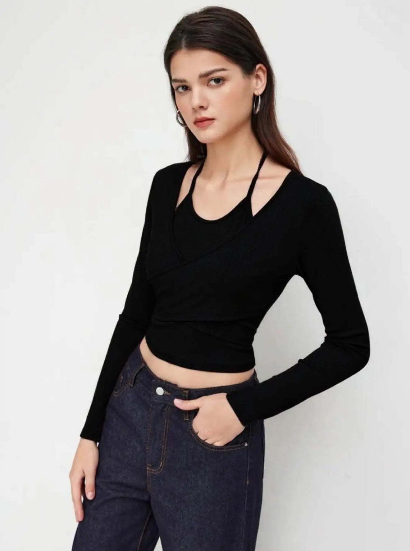 Istyle Can Black Women’s Halter Neckline Knotted Cross-Wrap Crop Top My Store
