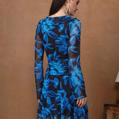 Women's Floral Mesh Mini Dress - Long Sleeve V-Neck Slim Fit