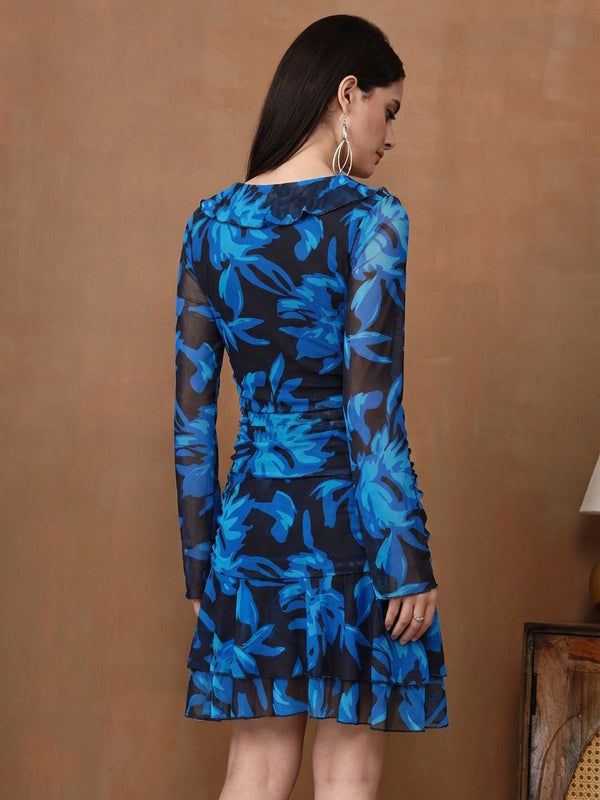 Women's Floral Mesh Mini Dress - Long Sleeve V-Neck Slim Fit