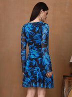 Women's Floral Mesh Mini Dress - Long Sleeve V-Neck Slim Fit