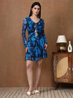 Women's Floral Mesh Mini Dress - Long Sleeve V-Neck Slim Fit