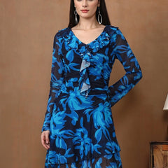 Women's Floral Mesh Mini Dress - Long Sleeve V-Neck Slim Fit