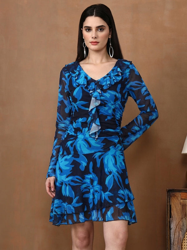 Women's Floral Mesh Mini Dress - Long Sleeve V-Neck Slim Fit