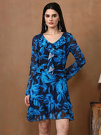 Women's Floral Mesh Mini Dress - Long Sleeve V-Neck Slim Fit