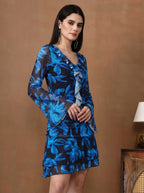 Women's Floral Mesh Mini Dress - Long Sleeve V-Neck Slim Fit