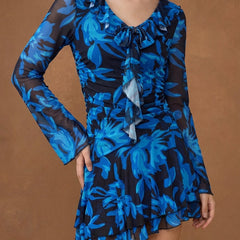 Women's Floral Mesh Mini Dress - Long Sleeve V-Neck Slim Fit