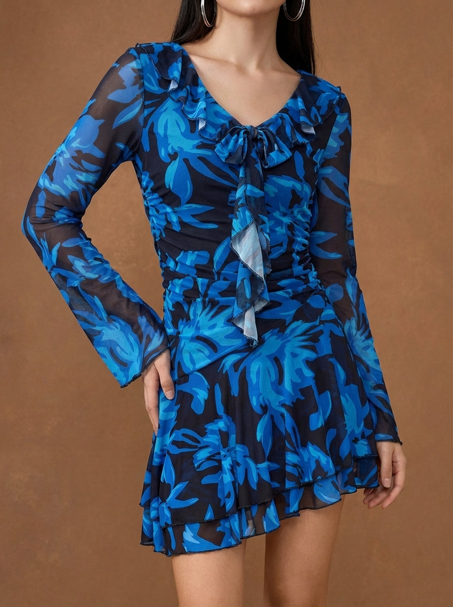 Women's Floral Mesh Mini Dress - Long Sleeve V-Neck Slim Fit