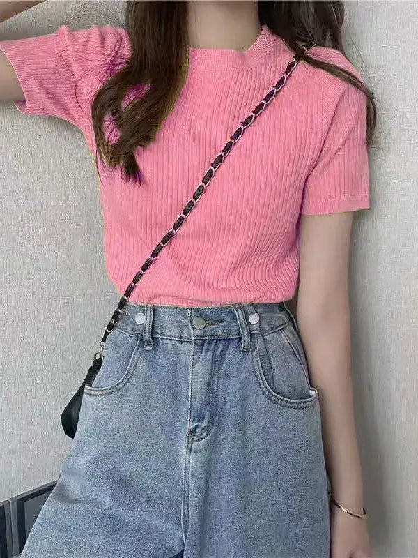 Soft Pink Women’s Slim Fit Solid Rib Knit Stretchable Top Istyle Can