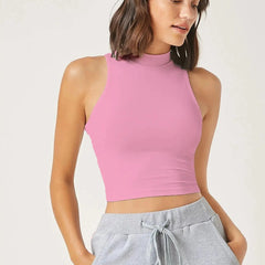 Women's & Girls Soft Pink Solid Mock Neck Rib/Knit Sleeveless Stretchable Slim Fit Crop Tank Top Istyle Can