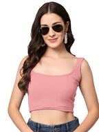 Women's & Girls' Solid Baby Pink Ribbed Square Neck Slim Fit Crop Tank Tops Istyle Can