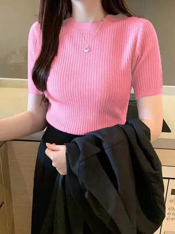 Soft Pink Women’s Slim Fit Solid Rib Knit Stretchable Top Istyle Can