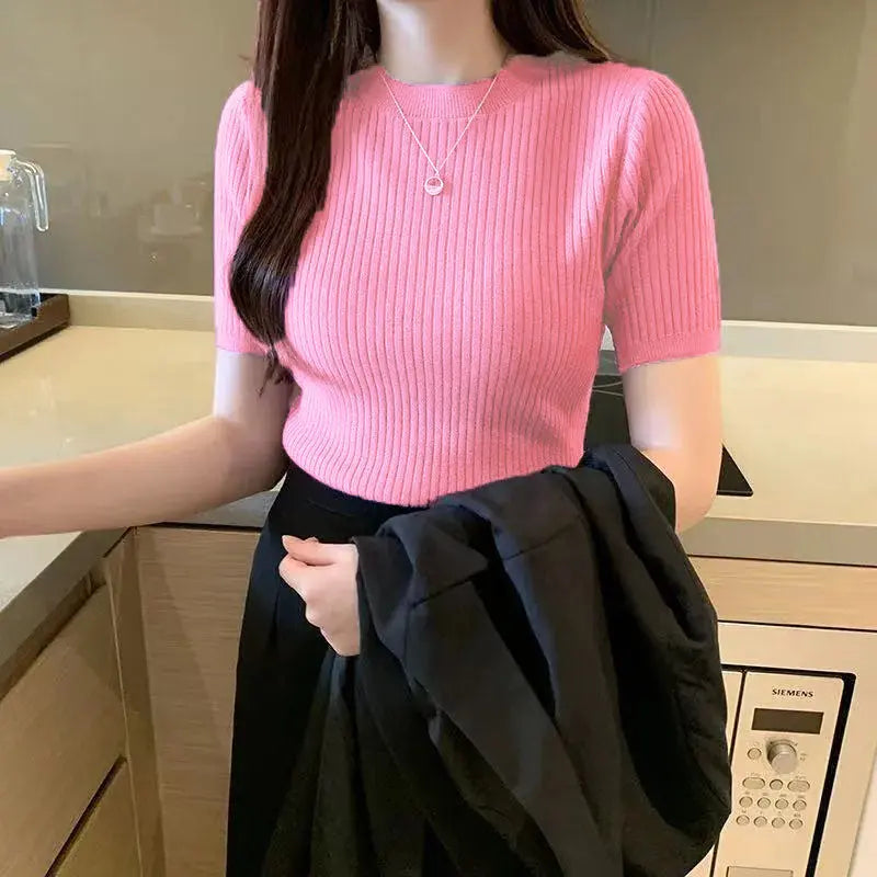 Soft Pink Women’s Slim Fit Solid Rib Knit Stretchable Top Istyle Can Main image