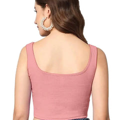 Women's & Girls' Solid Baby Pink Ribbed Square Neck Slim Fit Crop Tank Tops Istyle Can