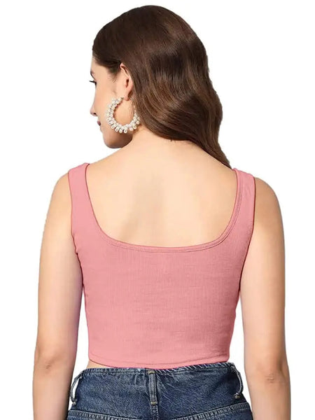 Women's & Girls' Solid Baby Pink Ribbed Square Neck Slim Fit Crop Tank Tops Istyle Can