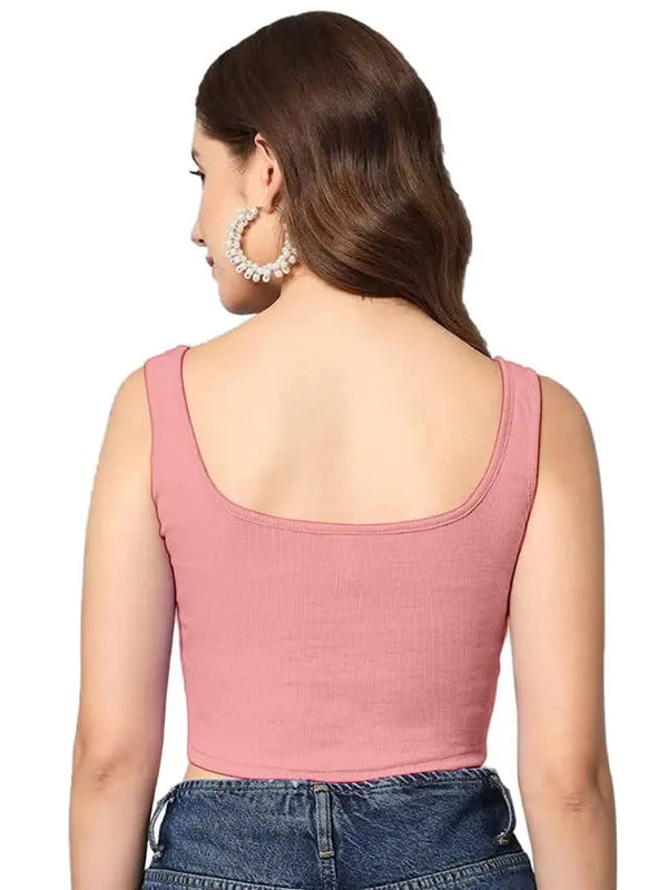 Women's & Girls' Solid Baby Pink Ribbed Square Neck Slim Fit Crop Tank Tops Istyle Can
