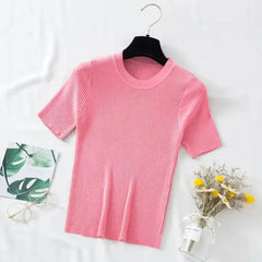 Soft Pink Women’s Slim Fit Solid Rib Knit Stretchable Top Istyle Can