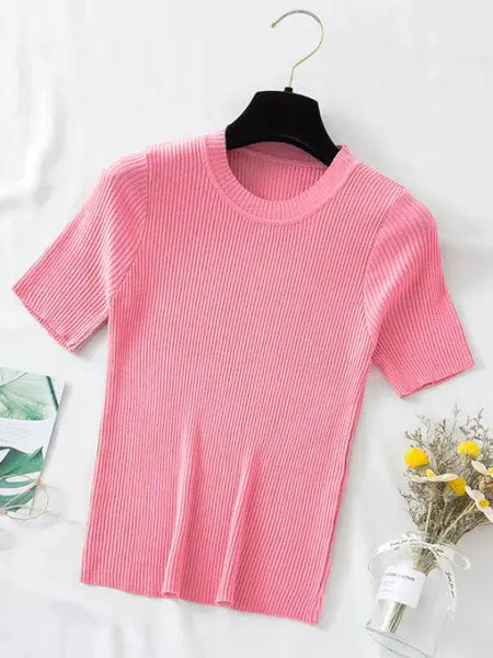 Soft Pink Women’s Slim Fit Solid Rib Knit Stretchable Top Istyle Can