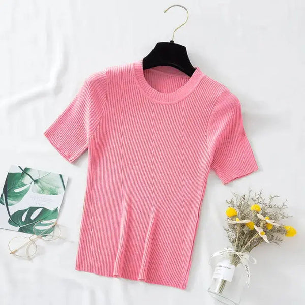 Soft Pink Women’s Slim Fit Solid Rib Knit Stretchable Top Istyle Can