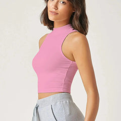 Women's & Girls Soft Pink Solid Mock Neck Rib/Knit Sleeveless Stretchable Slim Fit Crop Tank Top Istyle Can