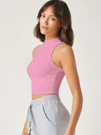 Women's & Girls Soft Pink Solid Mock Neck Rib/Knit Sleeveless Stretchable Slim Fit Crop Tank Top Istyle Can
