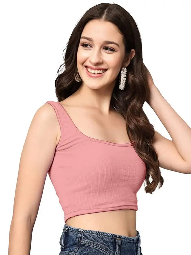 Women's & Girls' Solid Baby Pink Ribbed Square Neck Slim Fit Crop Tank Tops Istyle Can