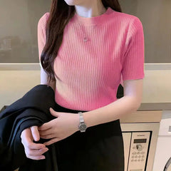 Soft Pink Women’s Slim Fit Solid Rib Knit Stretchable Top Istyle Can