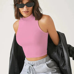 Women's & Girls Soft Pink Solid Mock Neck Rib/Knit Sleeveless Stretchable Slim Fit Crop Tank Top Istyle Can