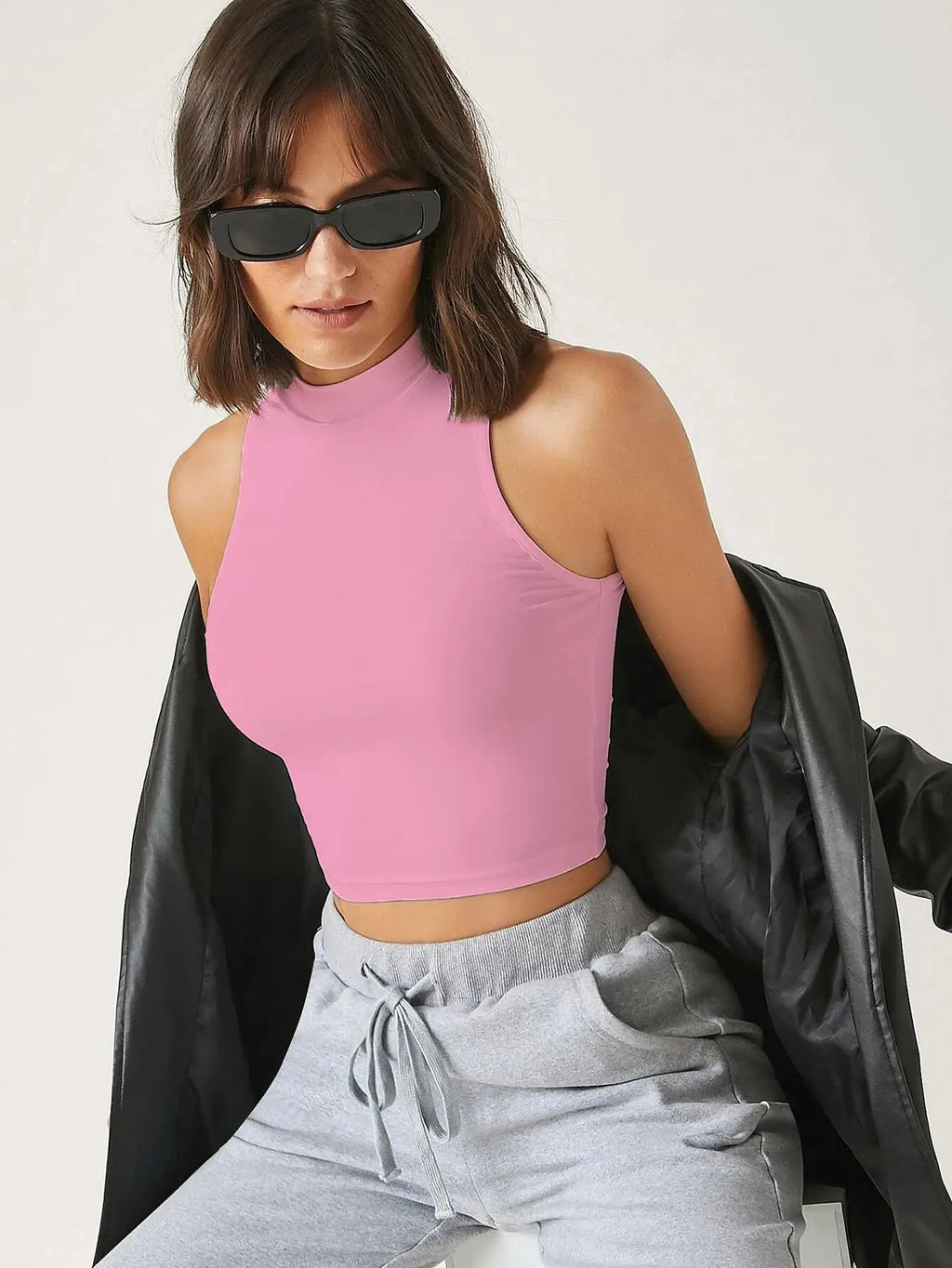 Women's & Girls Soft Pink Solid Mock Neck Rib/Knit Sleeveless Stretchable Slim Fit Crop Tank Top Istyle Can