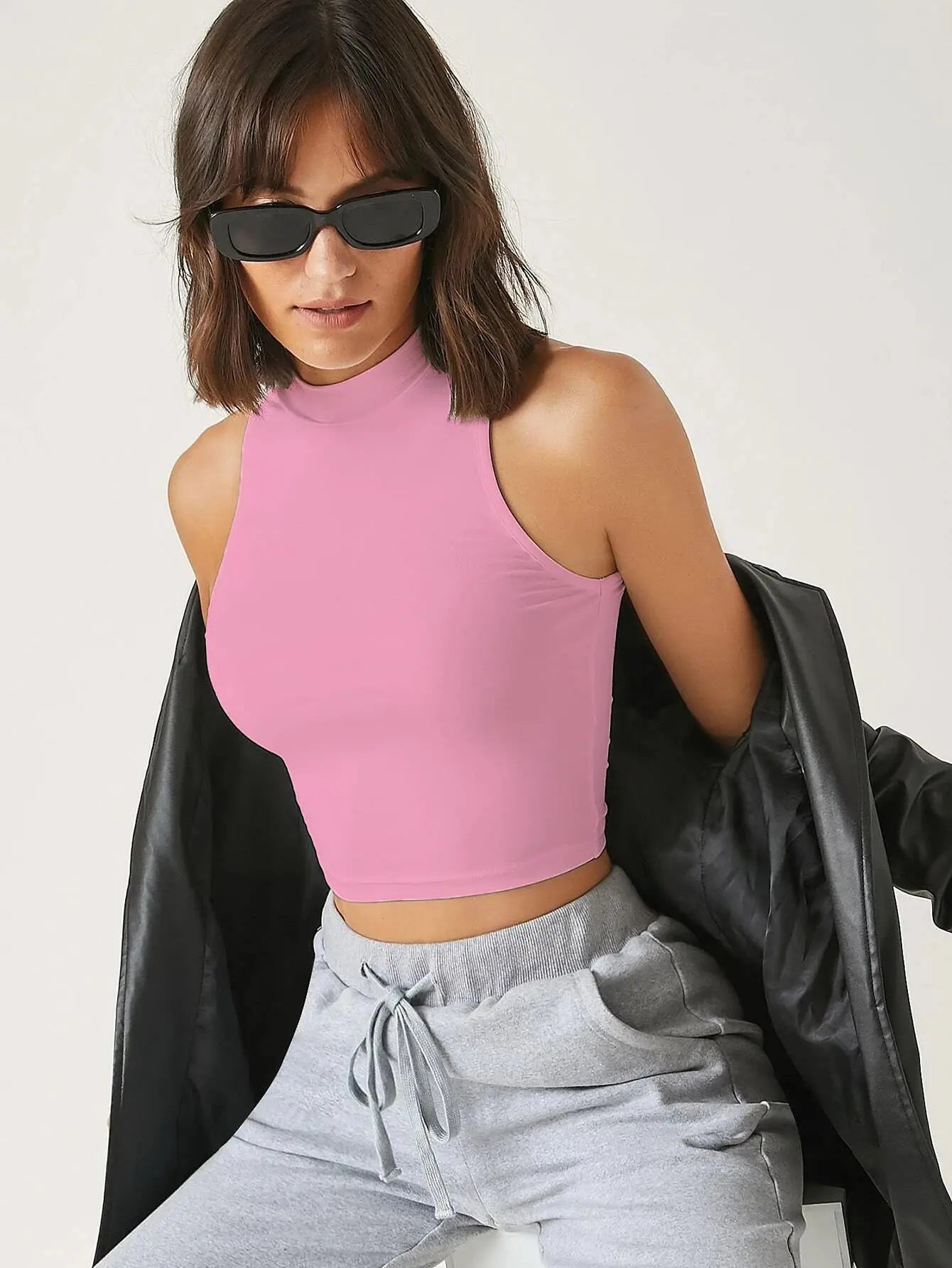 Women's & Girls Soft Pink Solid Mock Neck Rib/Knit Sleeveless Stretchable Slim Fit Crop Tank Top Istyle Can