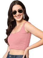 Women's & Girls' Solid Baby Pink Ribbed Square Neck Slim Fit Crop Tank Tops Istyle Can