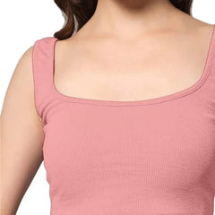 Women's & Girls' Solid Baby Pink Ribbed Square Neck Slim Fit Crop Tank Tops Istyle Can