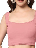 Women's & Girls' Solid Baby Pink Ribbed Square Neck Slim Fit Crop Tank Tops Istyle Can