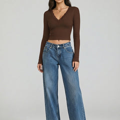 Istylecan Brown Ribbed Knit V-Neck Full Sleeve Crop Top for Women
