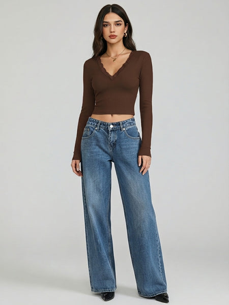 Istylecan Brown Ribbed Knit V-Neck Full Sleeve Crop Top for Women