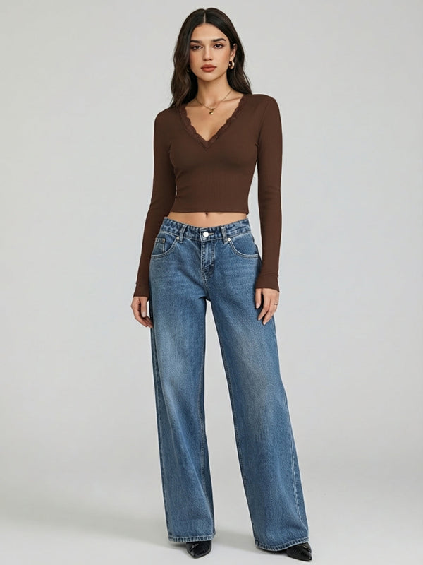 Istylecan Brown Ribbed Knit V-Neck Full Sleeve Crop Top for Women