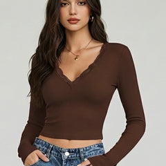 Istylecan Brown Ribbed Knit V-Neck Full Sleeve Crop Top for Women