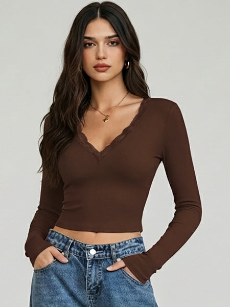 Istylecan Brown Ribbed Knit V-Neck Full Sleeve Crop Top for Women