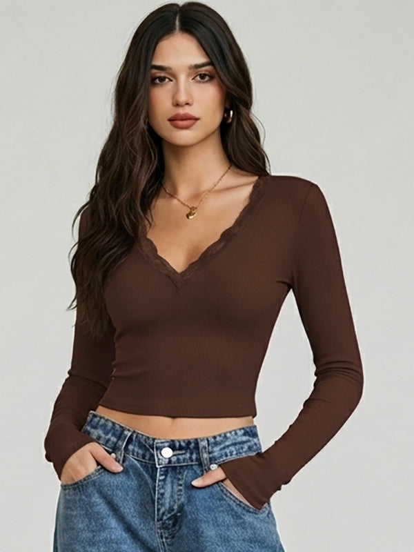 Istylecan Brown Ribbed Knit V-Neck Full Sleeve Crop Top for Women