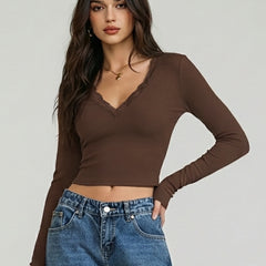 Istylecan Brown Ribbed Knit V-Neck Full Sleeve Crop Top for Women