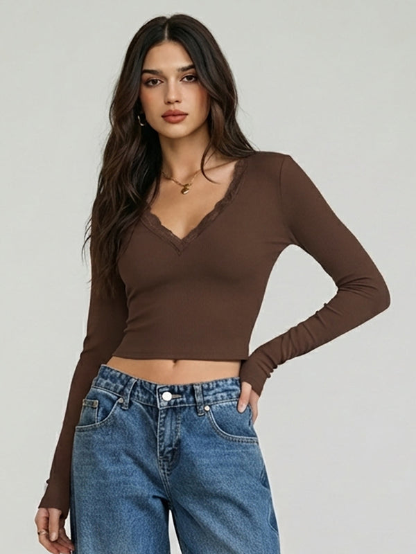 Istylecan Brown Ribbed Knit V-Neck Full Sleeve Crop Top for Women