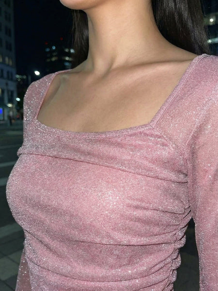 Istylecan Shimmering Solid Pink Lurex Mesh Crop Top with Square Neck & Bell Sleeves