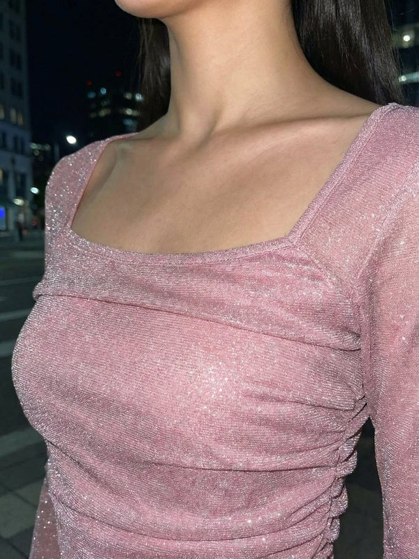 Istylecan Shimmering Solid Pink Lurex Mesh Crop Top with Square Neck & Bell Sleeves